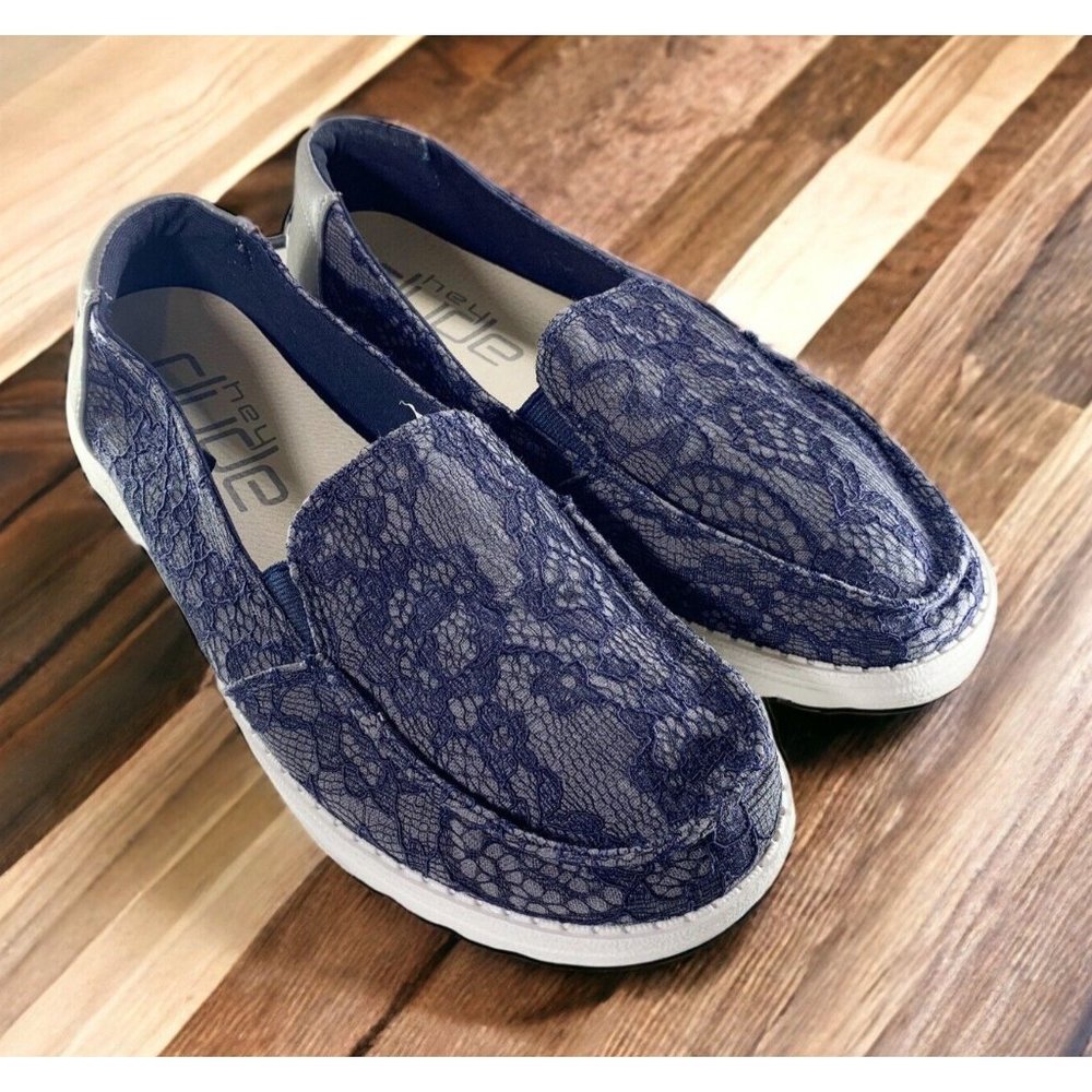 HEY DUDES Lena Navy Lace Slip On Loafers Women Size 9